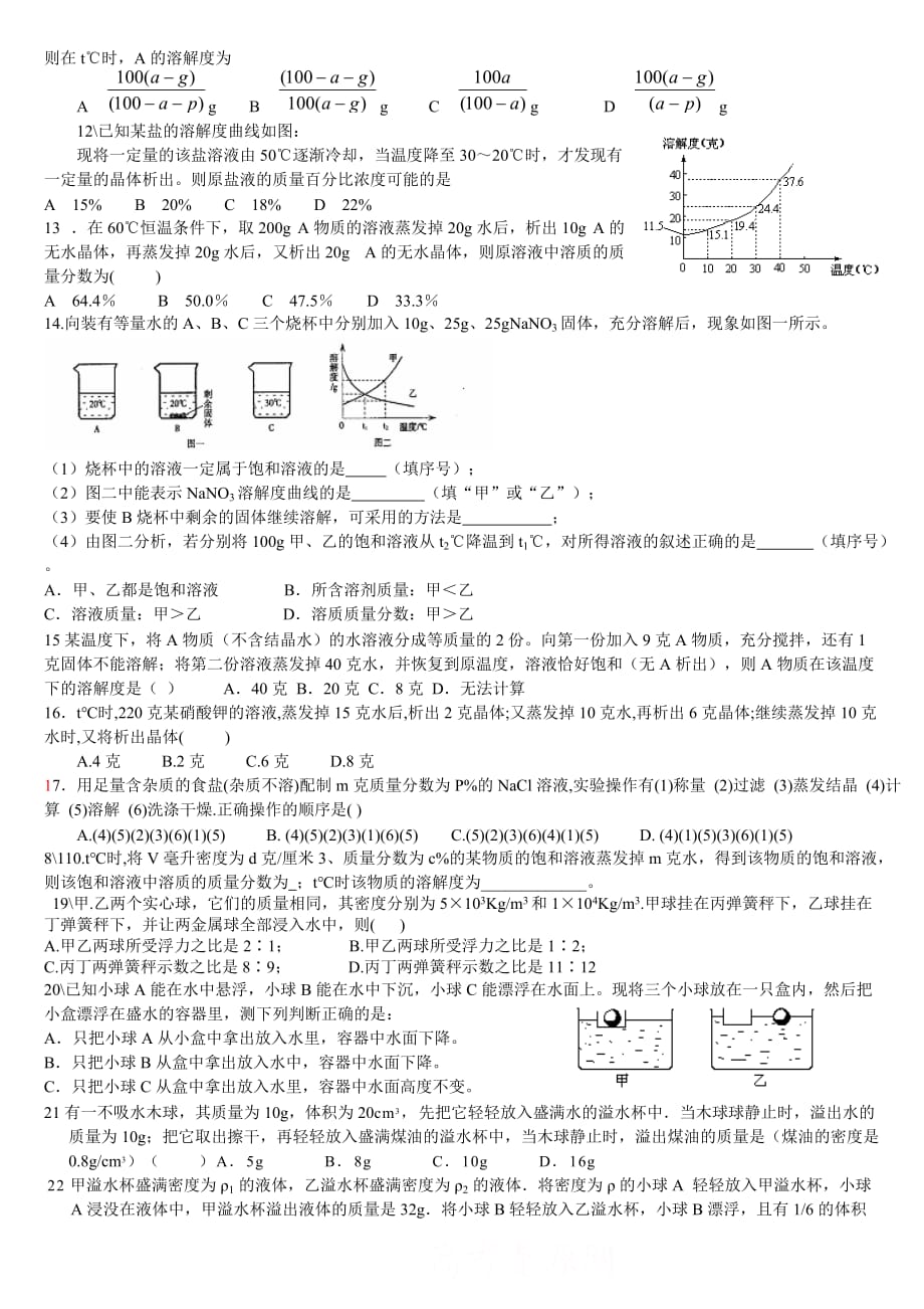 初中科学浮力和溶液竞赛题_第2页