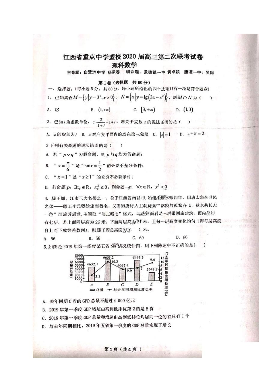 江西省重点中学盟校2020届高三第二次联考 数学(理数)卷（含答案）_第1页