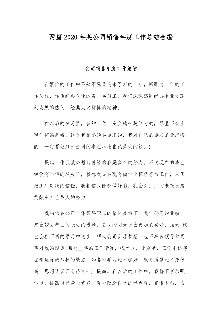 两篇2020年某公司销售年度工作总结合编_第1页