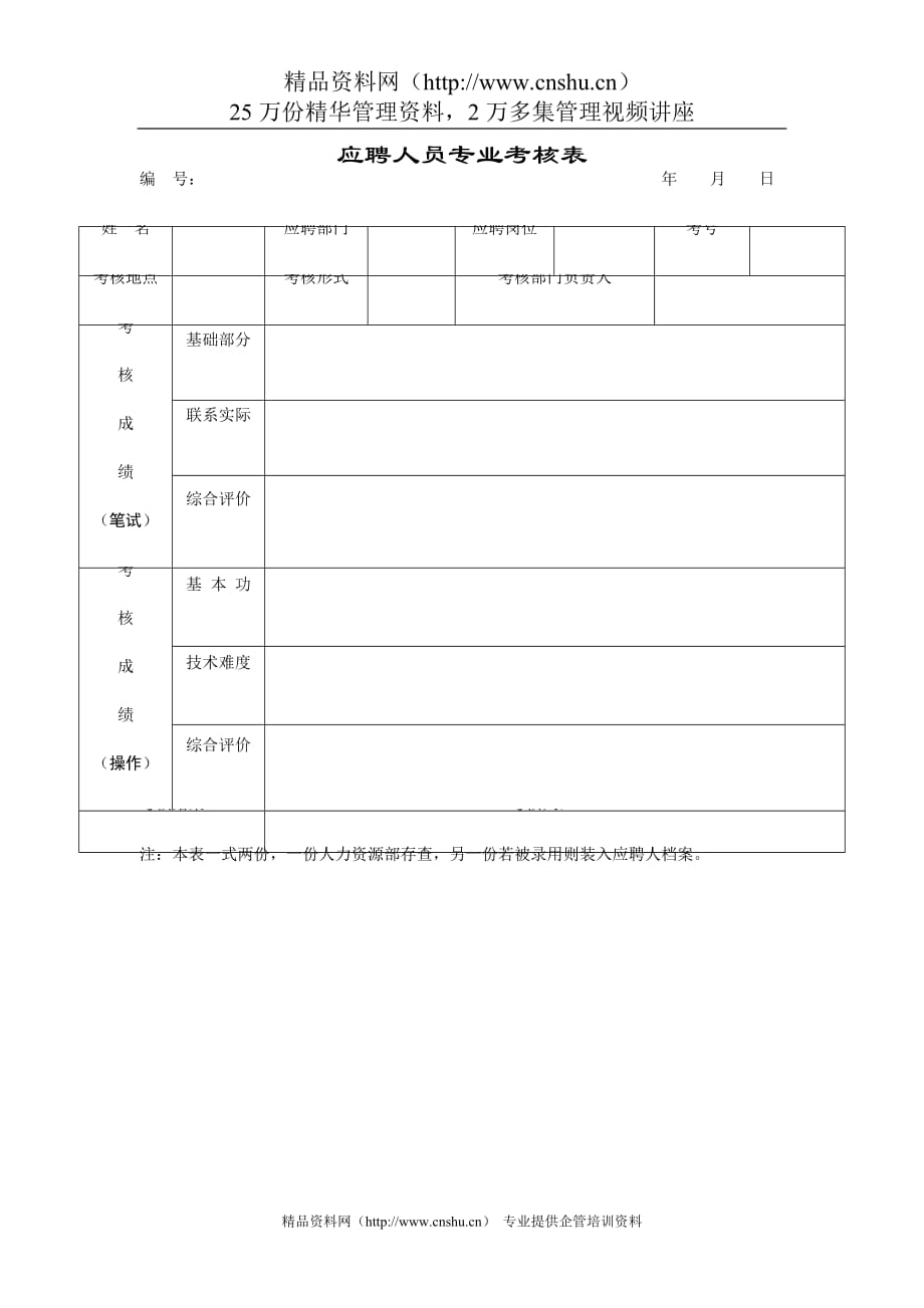 2020年(绩效管理表格）应聘人员专业考核表_第1页