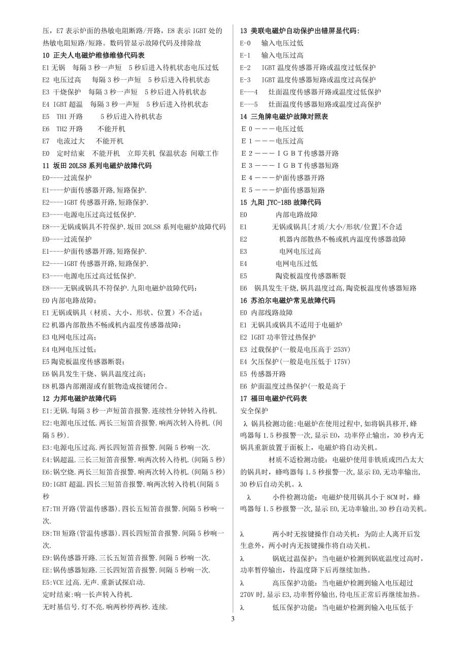 2020年(品牌管理）全国各品牌电磁炉故障代码表 整理过_第3页