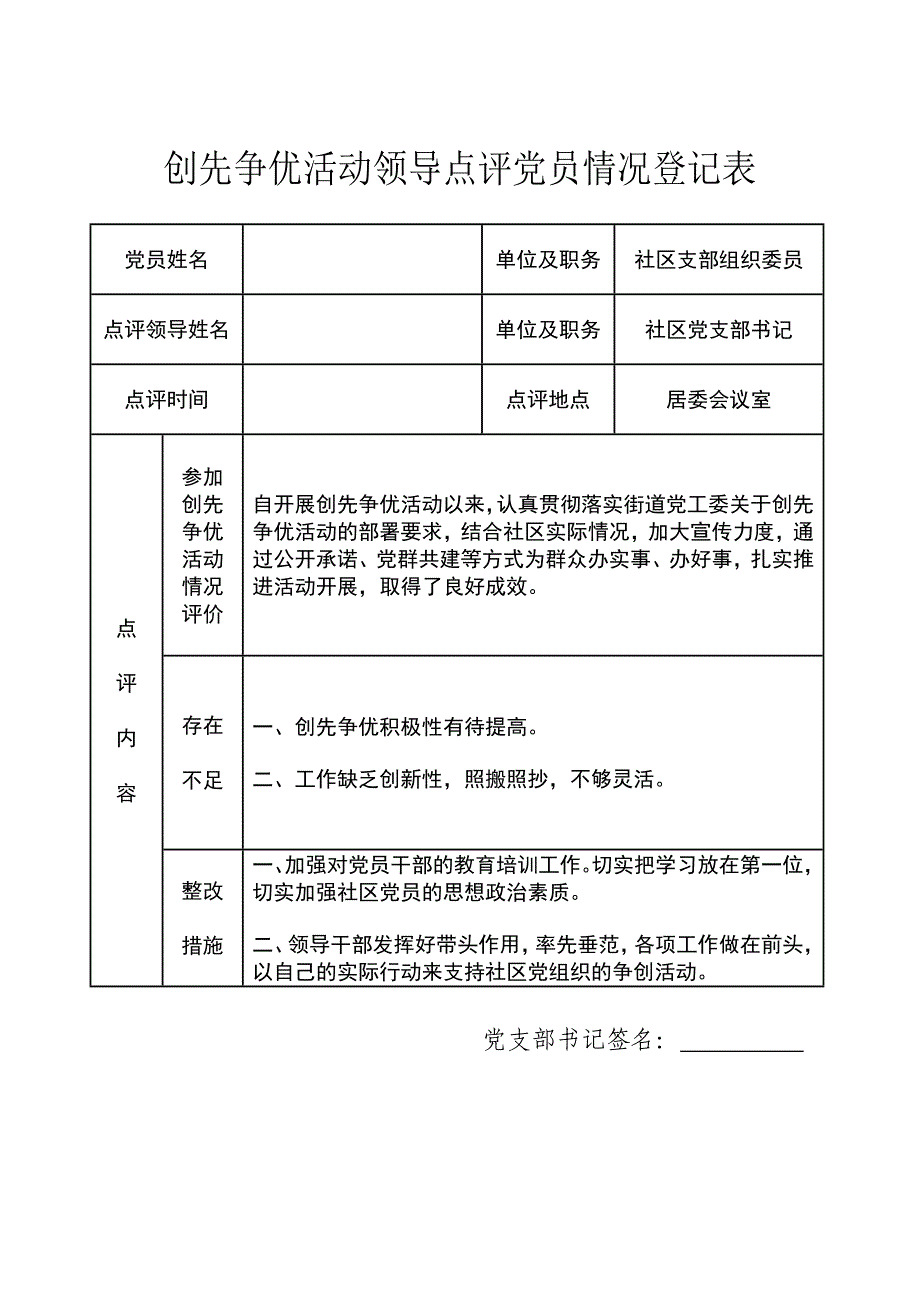 2020年(领导管理技能）创先争优活动领导点评党员情况登记表_第1页