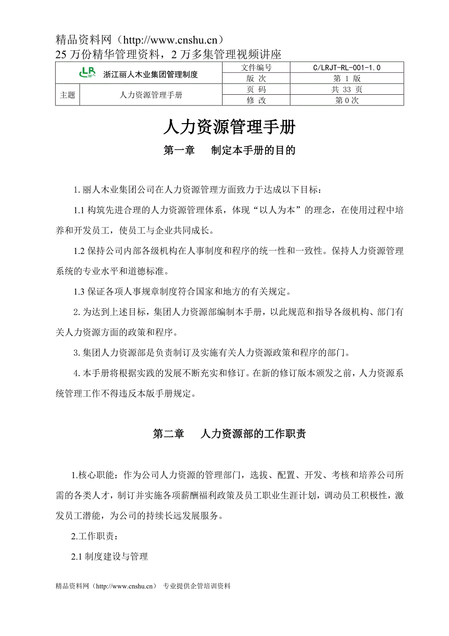 2020年(企业管理手册）浙江丽人木业集团人力资源管理手册--bestone666_第1页