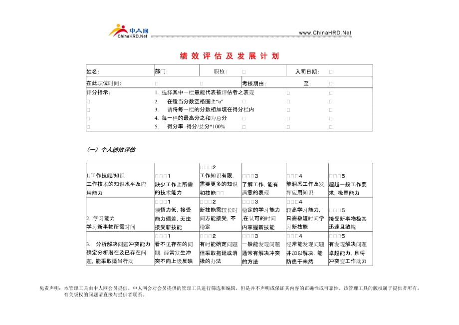 2020年(绩效考核）绩效评估及发展计划_第1页