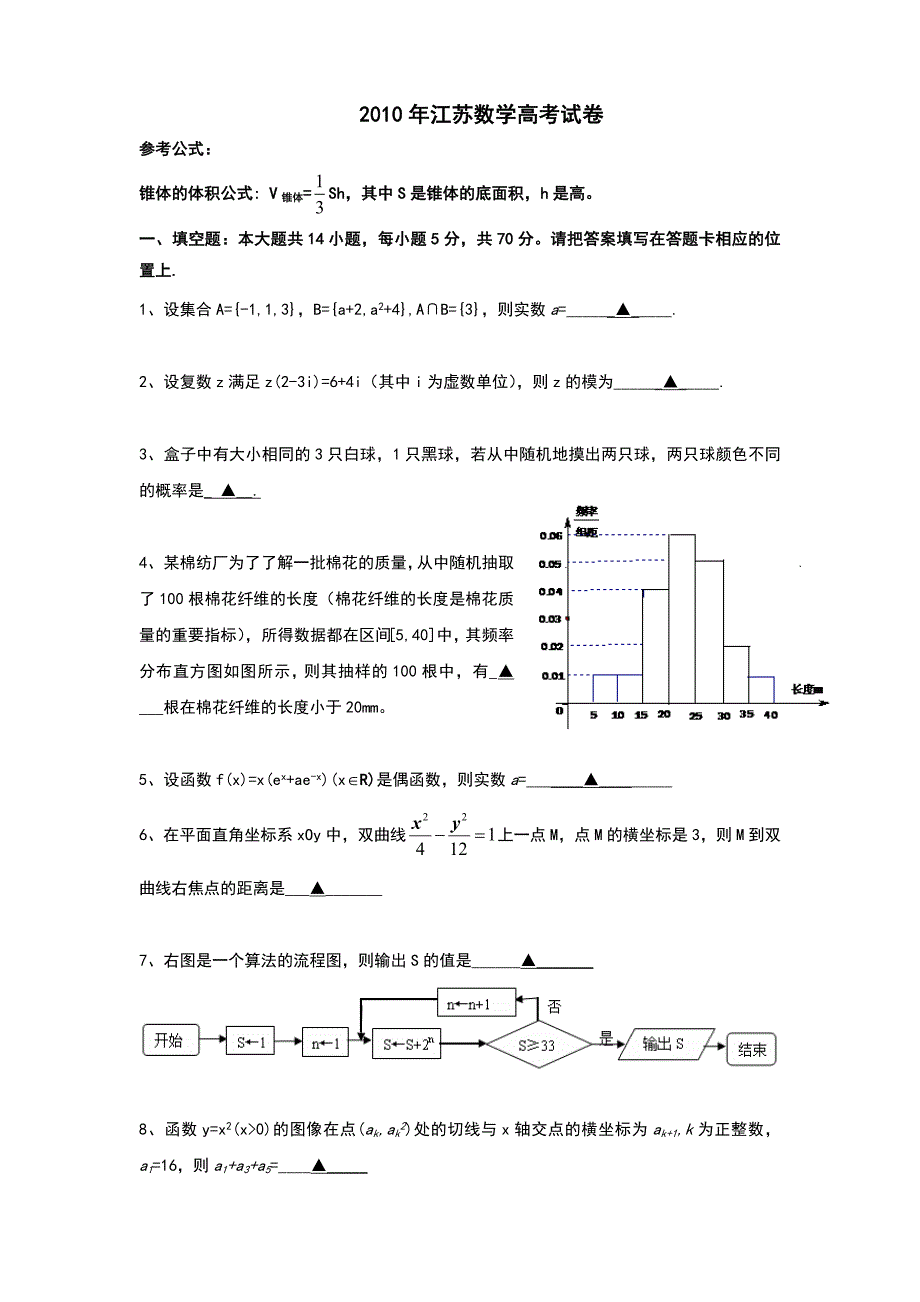 2010年江苏数学高考试卷含答案和解析_第1页