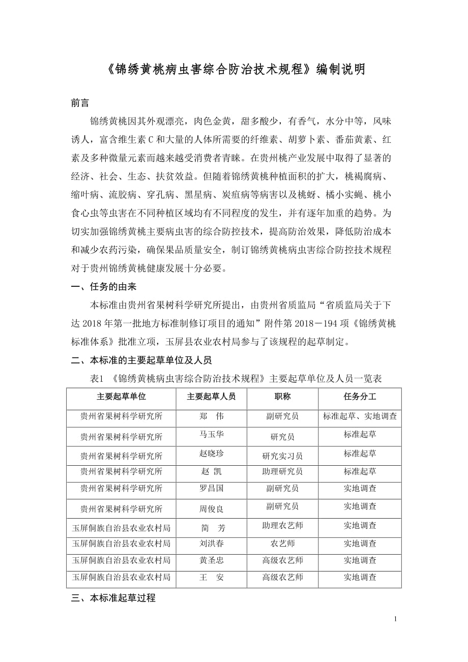 锦绣黄桃病虫害综合防治技术规程》编制说明_第1页