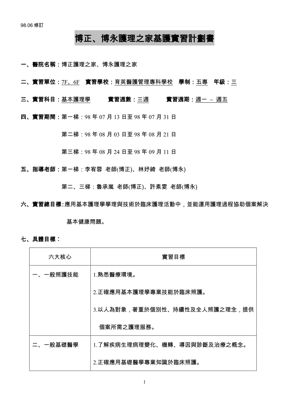 2020年（商业计划书）博永护理之家基护实习计划书_第1页