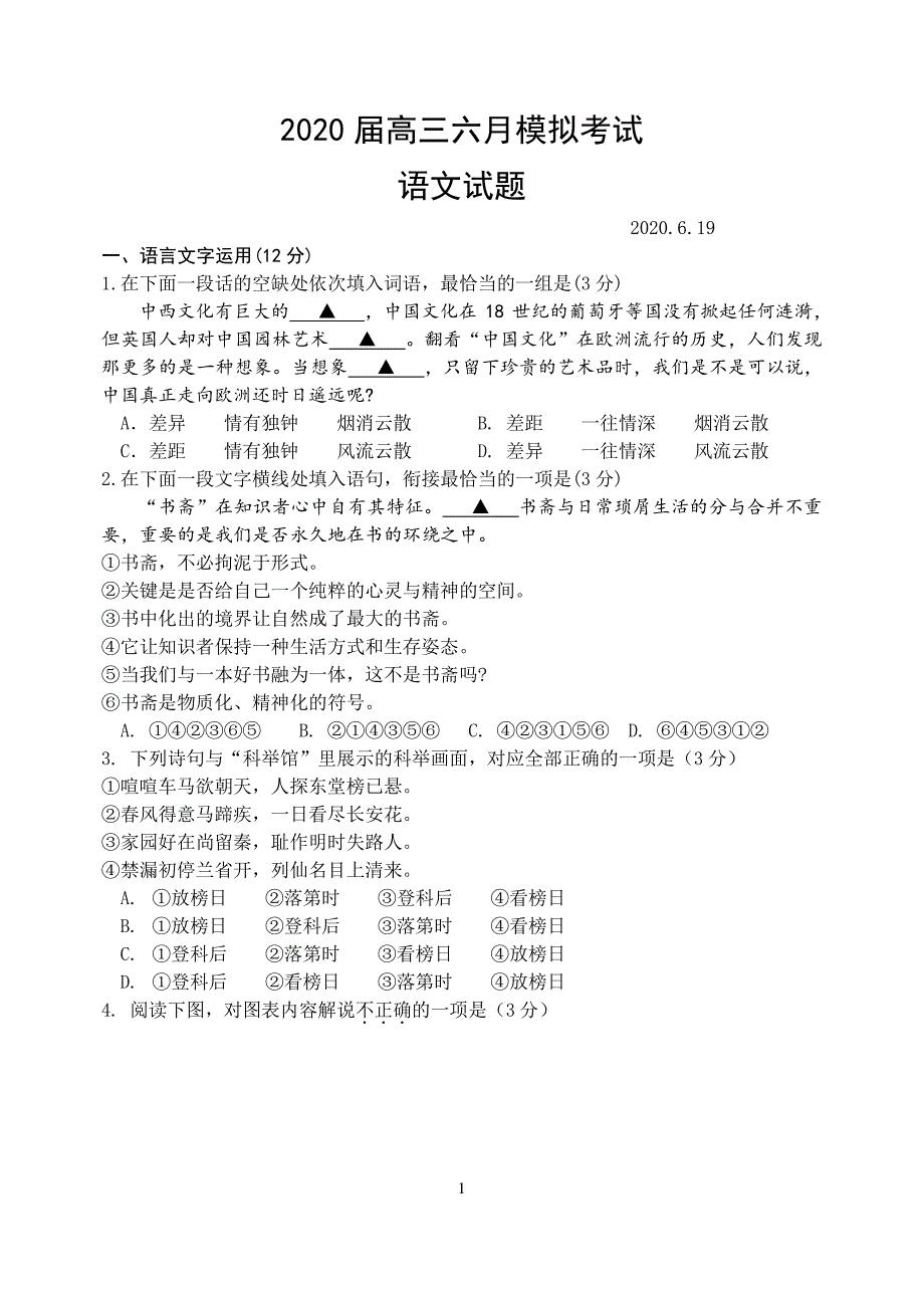 江苏省2020届高三下学期6月阶段性检测 语文试卷含答案_第1页