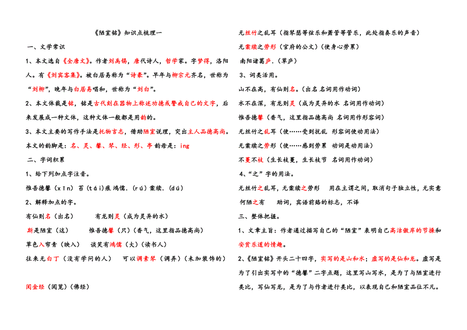 陋室铭知识点及中考题汇编及参考答案_第1页