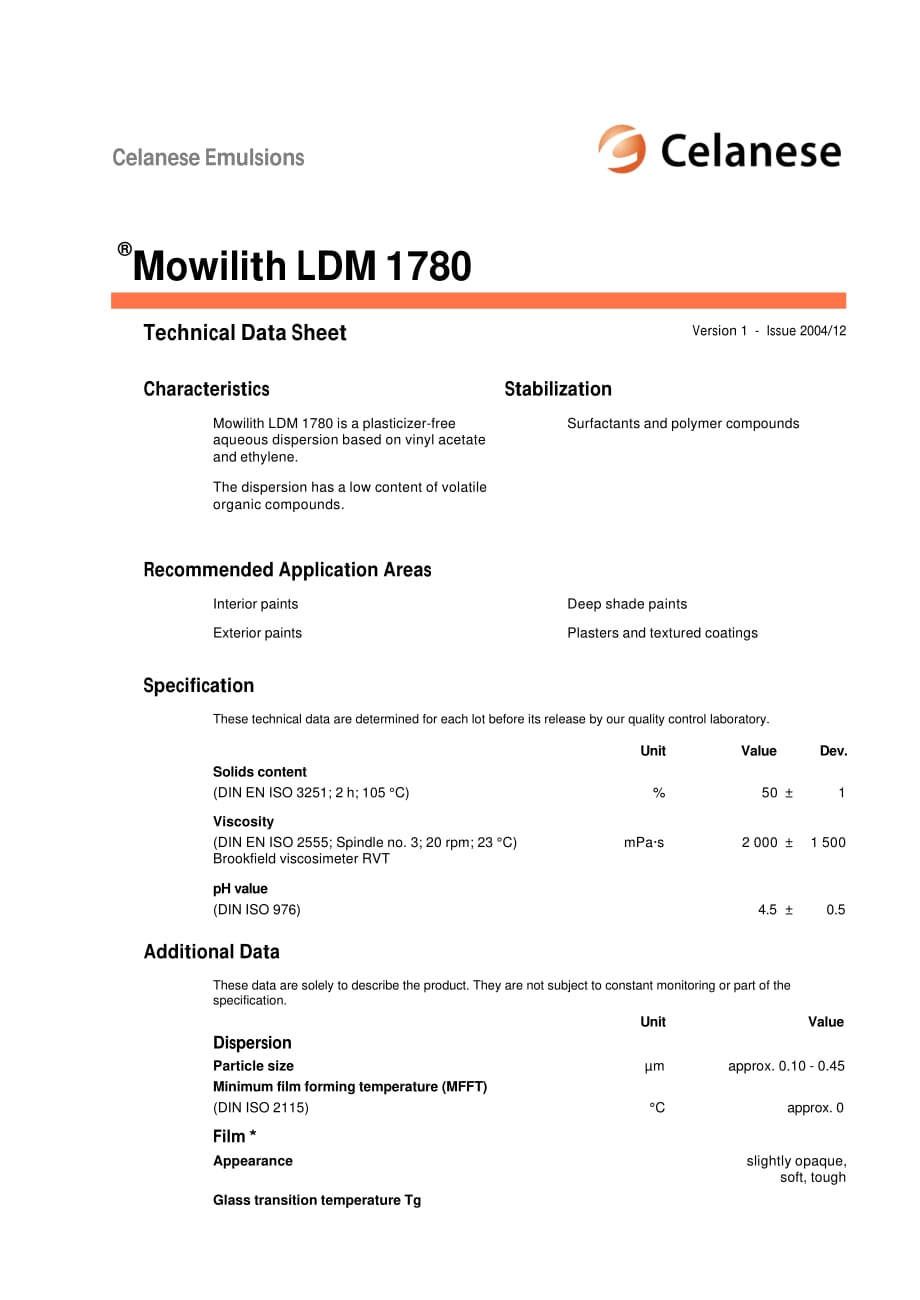 乳液 技术规格 Mowilith LDM 1780.pdf_第1页