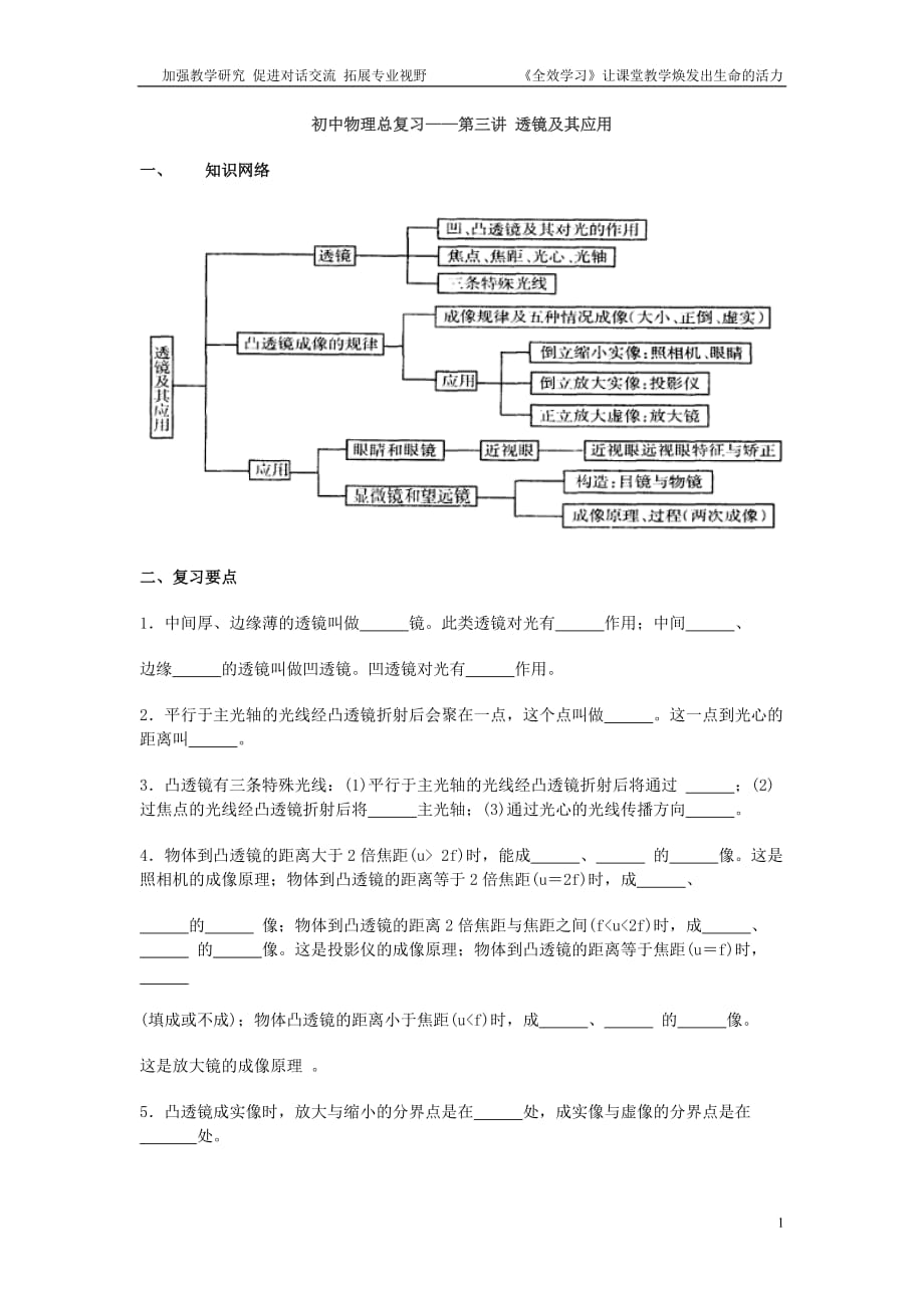 初三物理总复习考点分析提高训练第三讲透镜及其应用_第1页