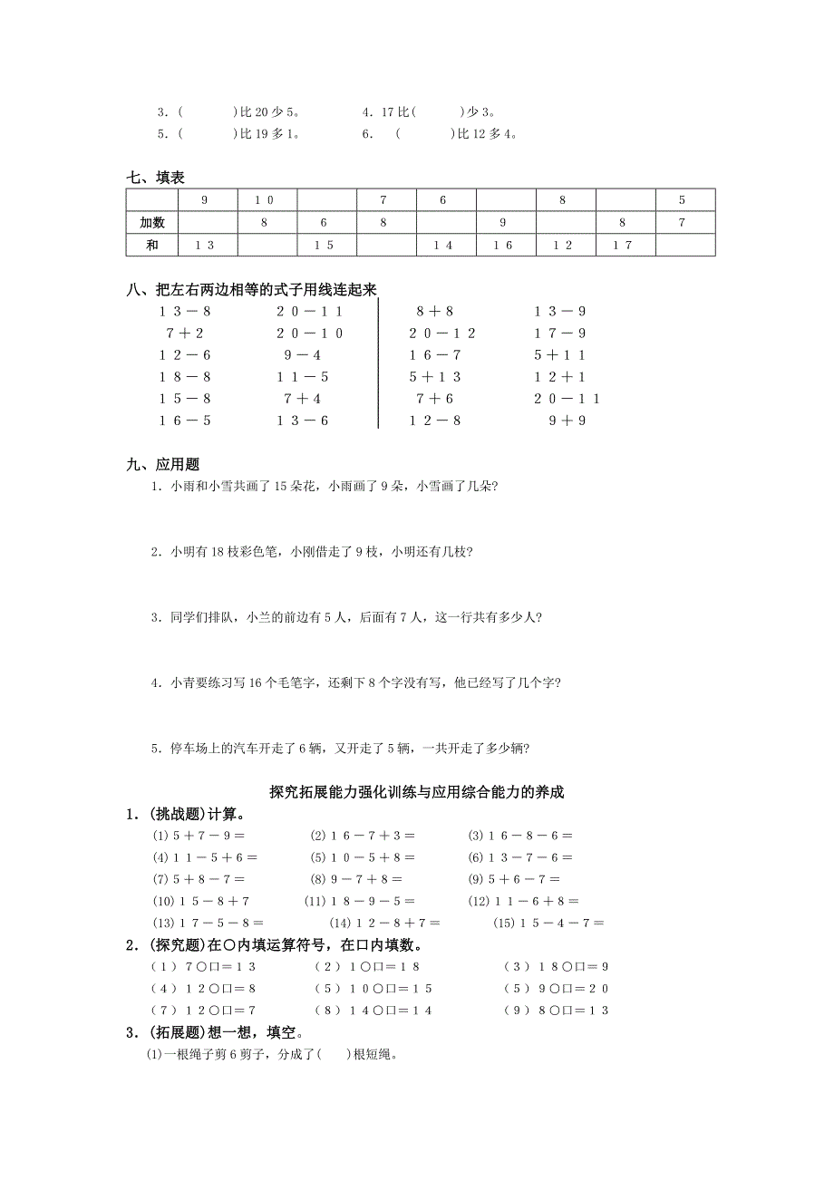 小学一年级数学下册各单元练习题（人教版）_第3页