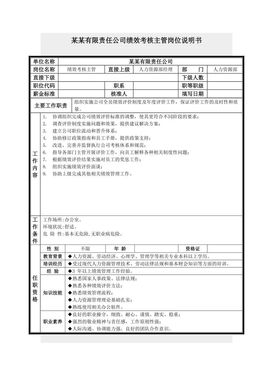 2020年(绩效考核）绩效考核主管岗位说明书_第1页