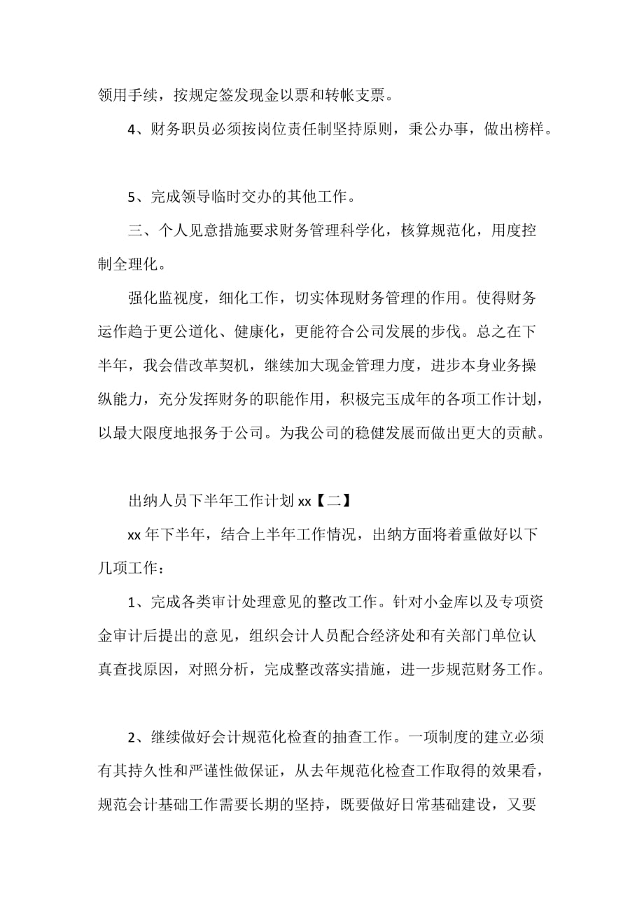 工作计划 财务工作计划 出纳人员下半年工作计划2020_第2页