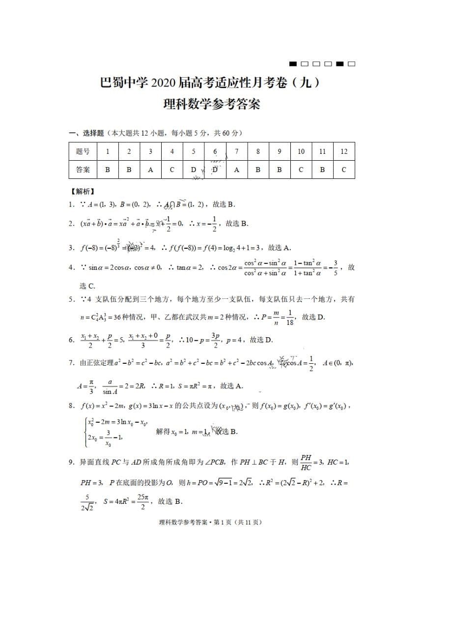 四川省巴蜀中学2020届高考适应性月考卷九 数学(理数)卷 （含答案）_第5页