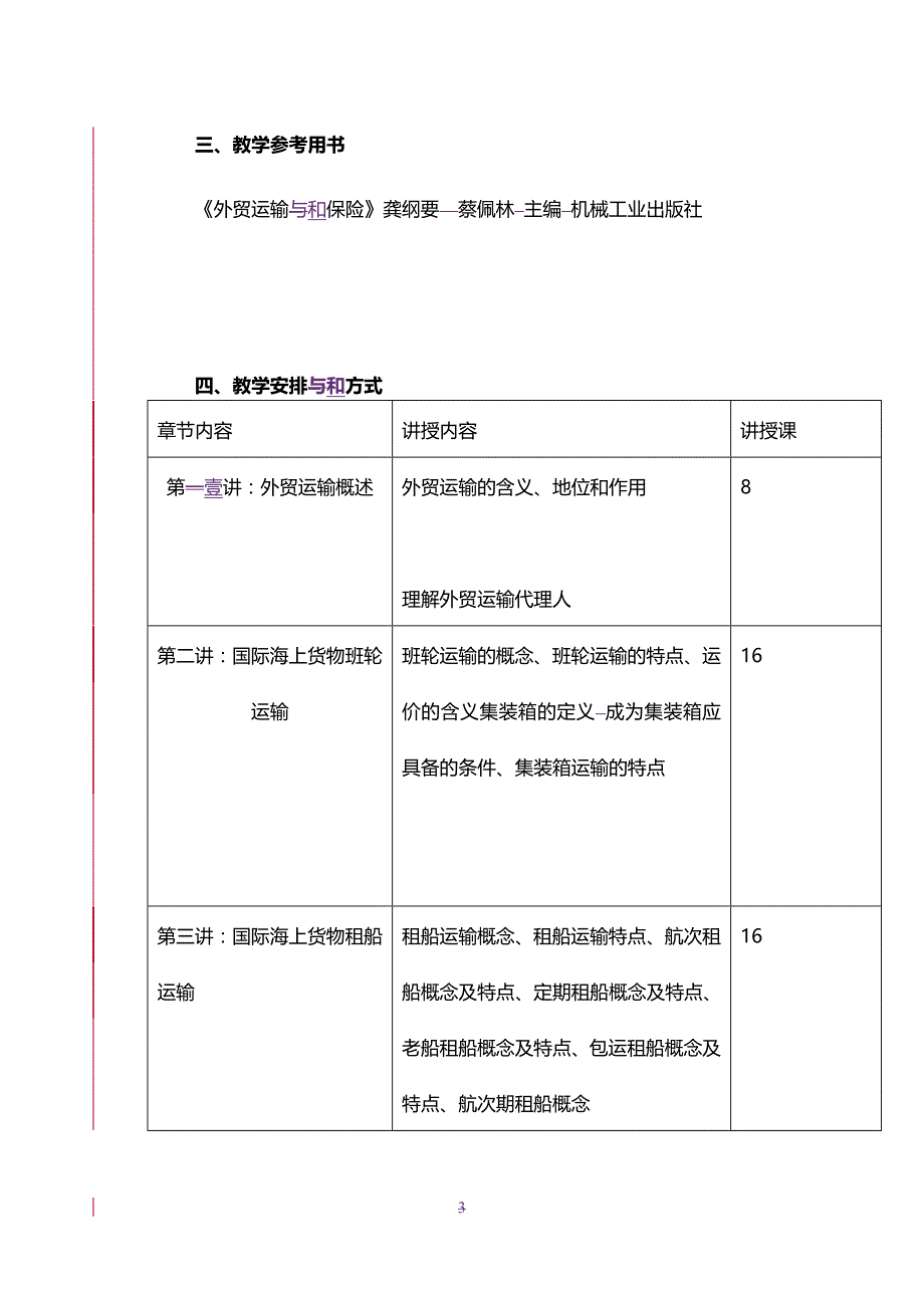 2020年（金融保险）报关(专科)外贸运输业务与保险教学大纲及考试大纲_第3页