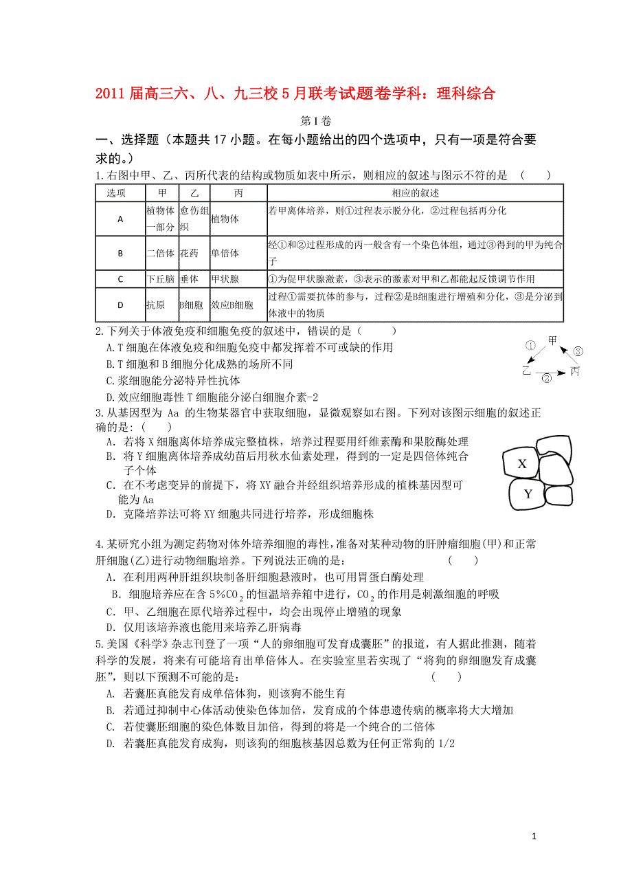 浙江省萧山六、八、九三校2011届高三理综5月联考试题.doc_第1页