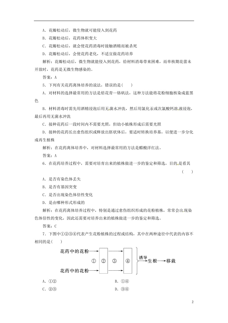 【创新方案】高中生物 专题3 课题2 月季的花药培养创新演练大冲关每课一练 新人教版选修1.doc_第2页