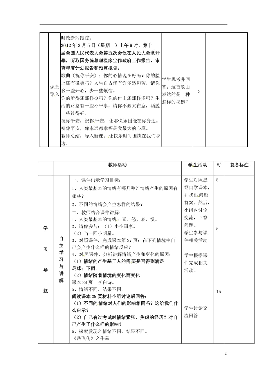 山东省邹平县实验中学七年级政治下册 第13课 第1节你了解自己的情绪吗教案 北师大版.doc_第2页