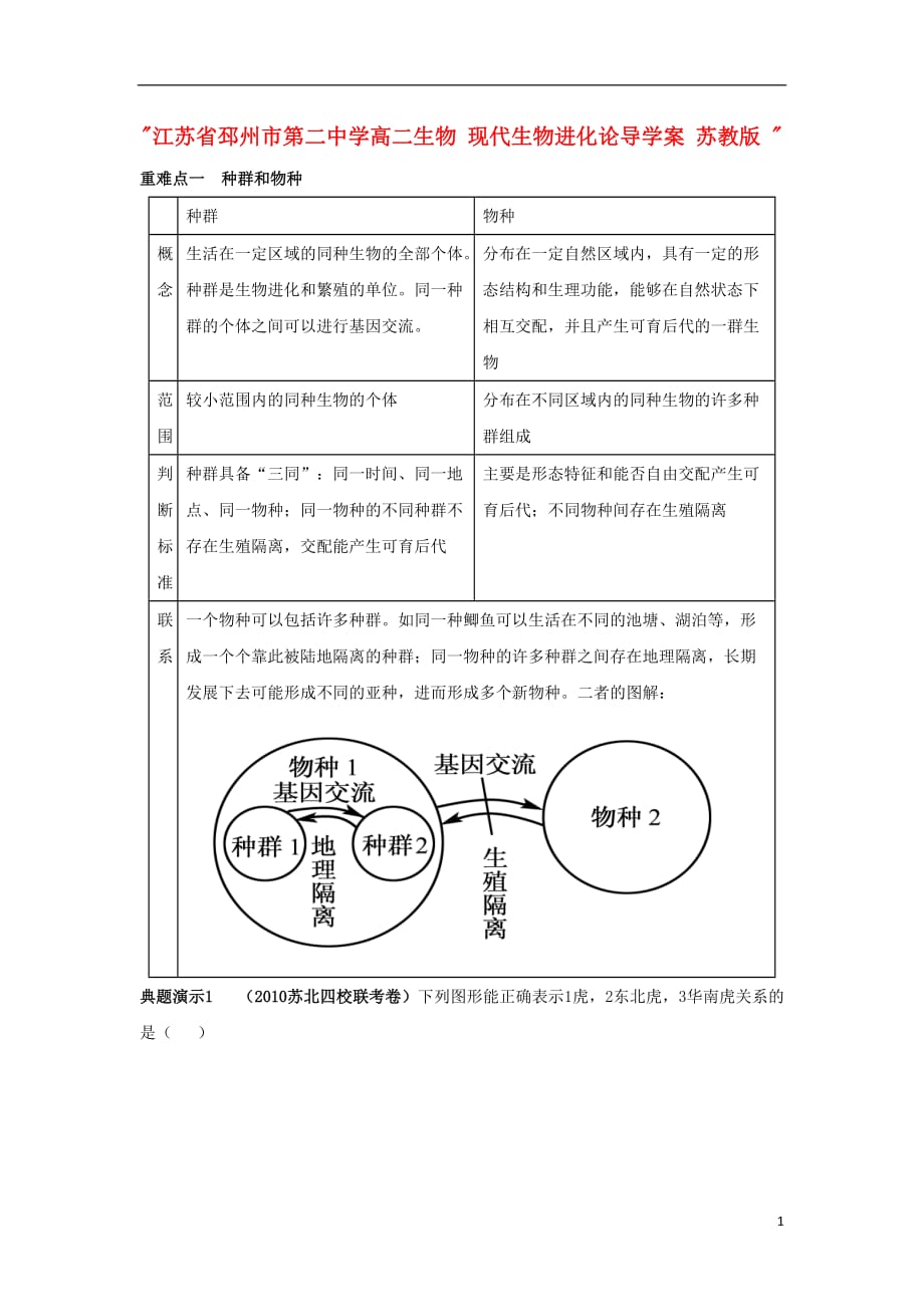 江苏省邳州市第二中学高二生物 现代生物进化论导学案 苏教版.doc_第1页