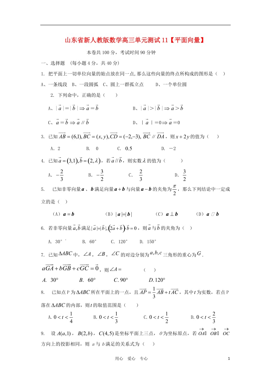 山东省2012届高三数学 11平面向量单元测试 新人教A版.doc_第1页