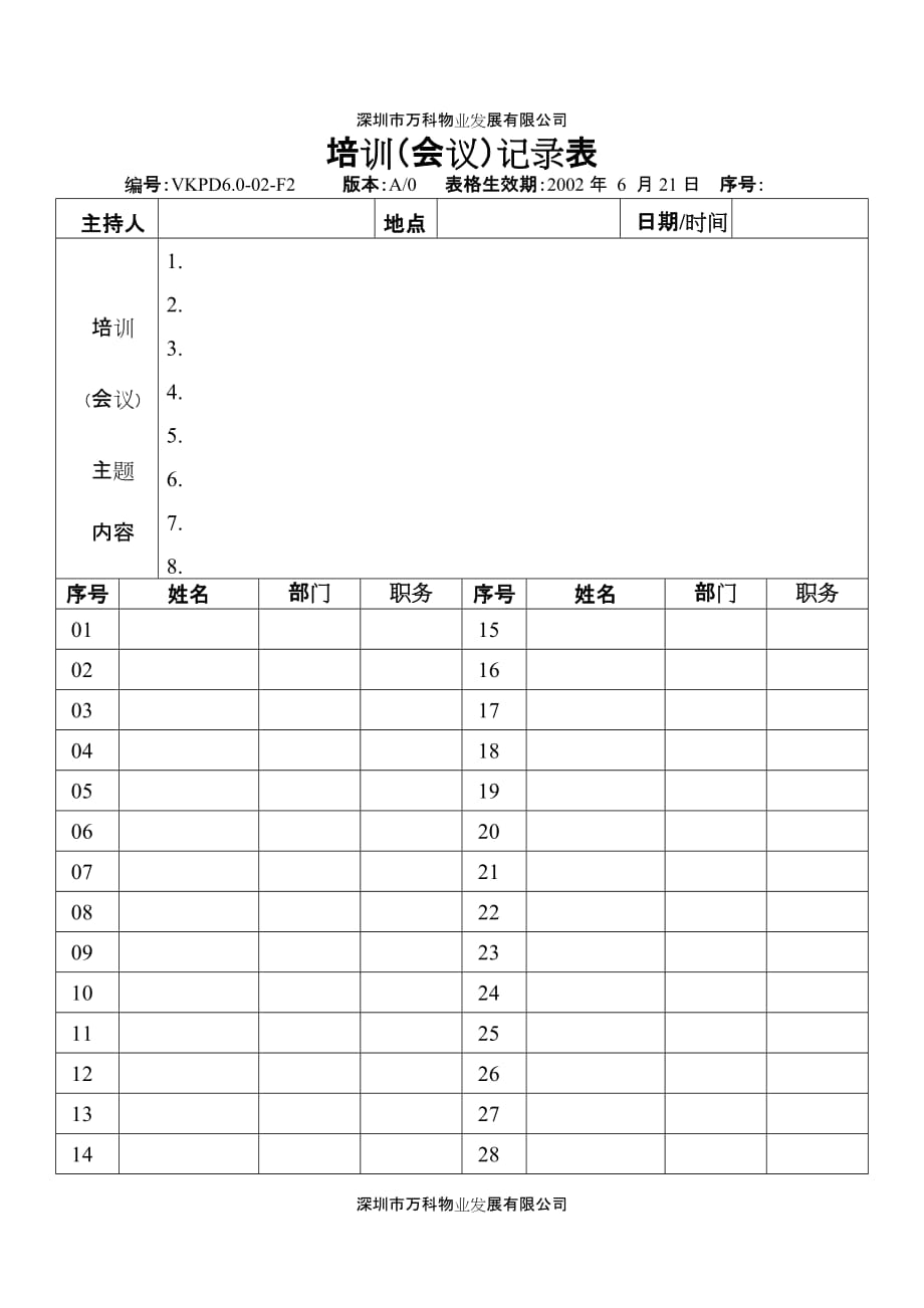 万科物业《培训会议记录表》.doc_第1页