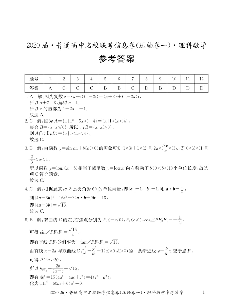 湖南省江西省2020届高三普通高中名校联考信息卷（压轴卷一）理科数学试题答案_第1页