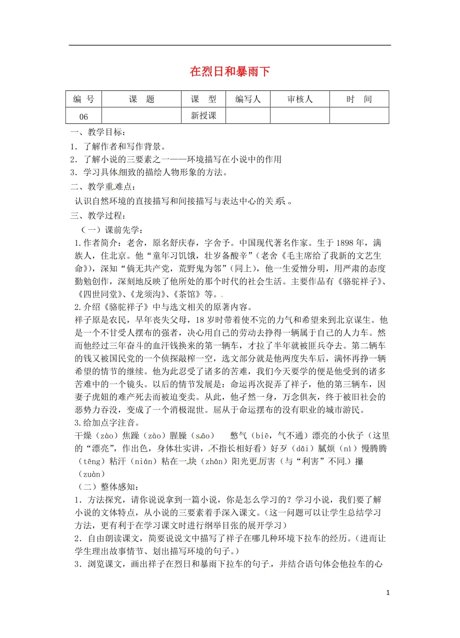 江苏省灌南县实验中学九年级语文上册《在烈日和暴雨下》教案（1）.doc_第1页