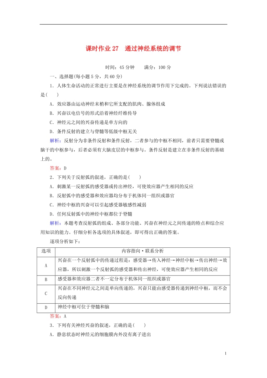 【红对勾】2014高考生物一轮复习 课时作业27通过神经系统的调节 新人教版.doc_第1页