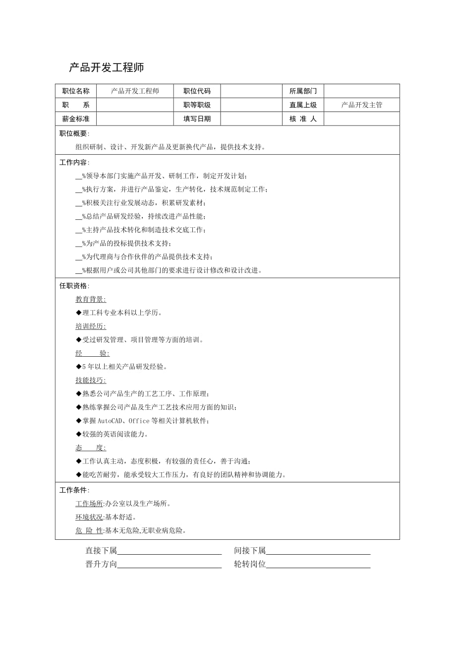 2020年(产品管理）产品开发工程师职位说明书__第1页