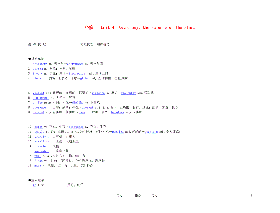 2011年高考英语 经典实用 Unit 4 Astronomy the science of the stars要点梳理 重点突破 新人教版必修3.doc_第1页