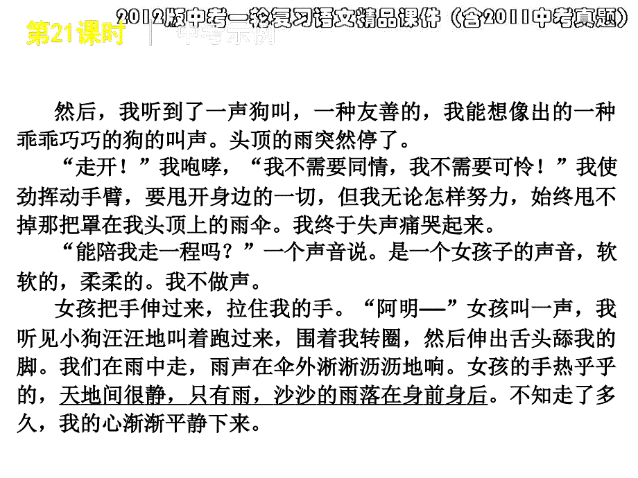 2012版中考一轮复习语文精品课件(含2011中考真题)第21课时小说阅读抓环境赏言语品技艺_第4页