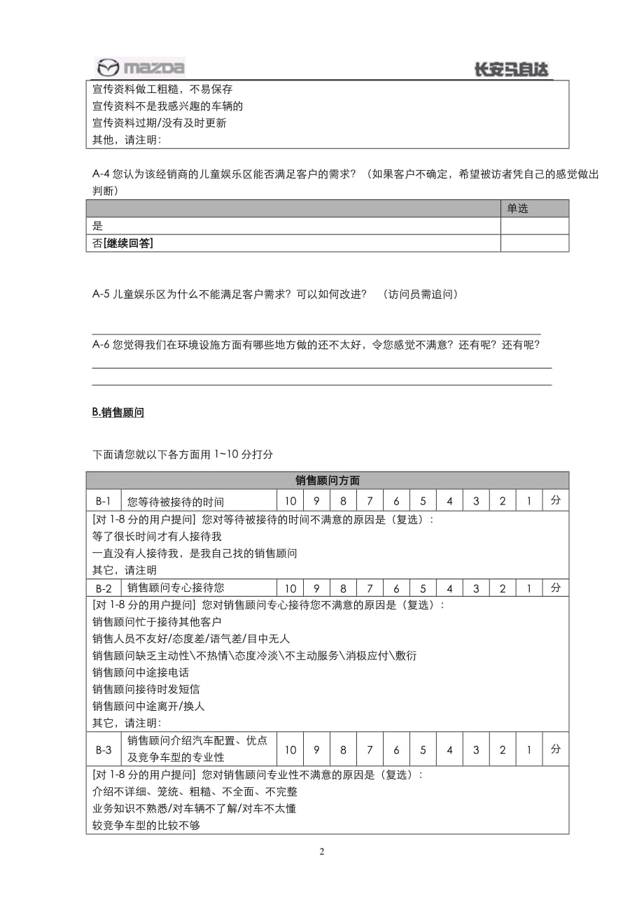 （调查问卷） XXXX年马自达销售满意度调查问卷V1_第2页