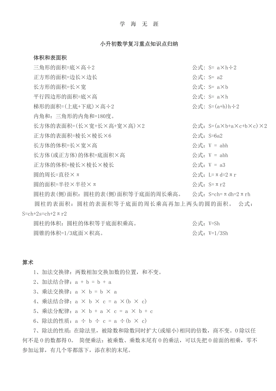 （2020年整理）小升初数学复习重点知识点归纳.doc_第1页