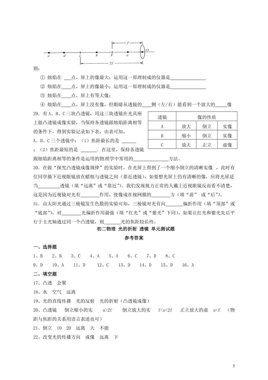 江苏省无锡市滨湖中学八年级物理上册 第四章《光的折射 透镜》单元综合测试题 苏科版.doc_第5页