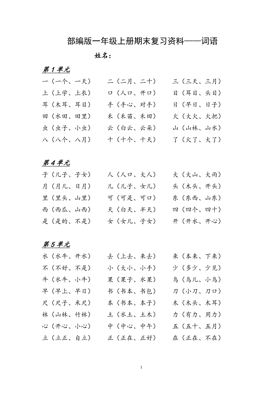 （2020年整理）部编版一年级上册语文：全册总复习资料.doc_第1页