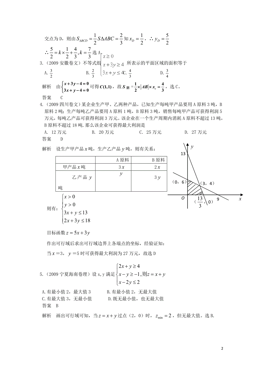 2010版高考数学 五年高考三年模拟 第三节 不等式组与简单的线性规划试题 新人教版.doc_第2页