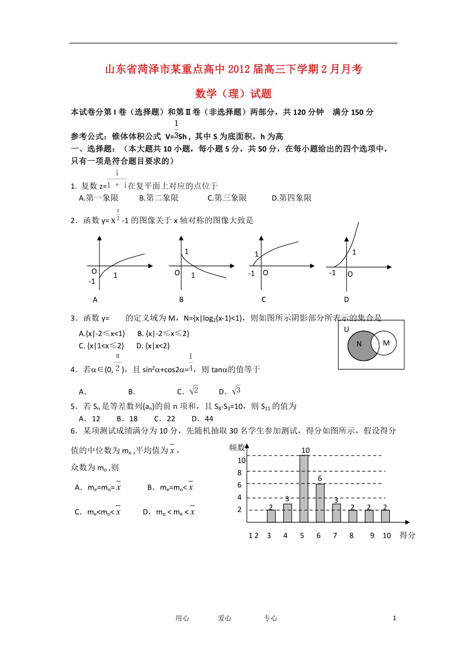 山东省菏泽市某重点高中2012届高三数学下学期2月月考 理 新人教A版.doc_第1页