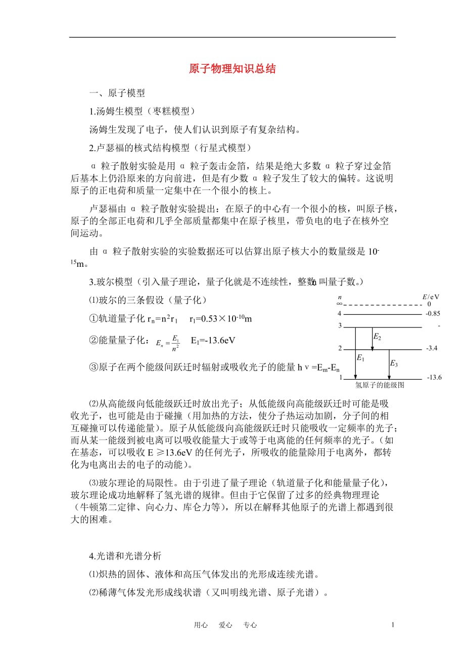 高中物理 原子物理知识总结 新人教版选修3.doc_第1页