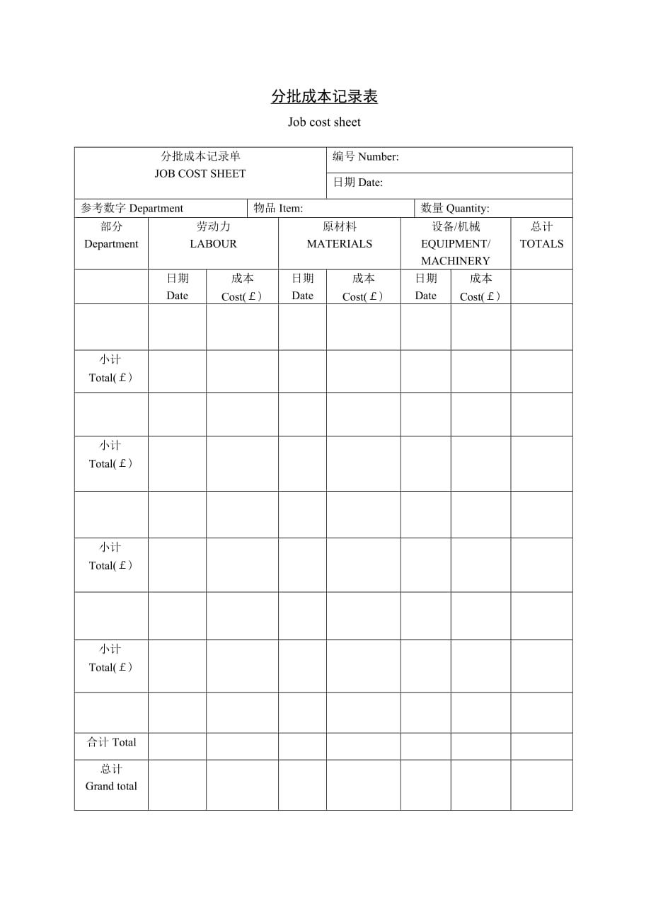 2020年(成本管理）分批成本记录表__第1页