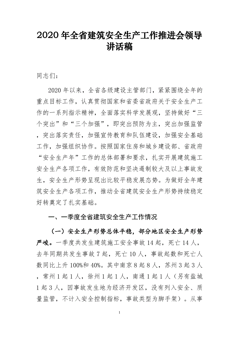 2020年全省建筑安全生产工作推进会领导讲话稿_第1页