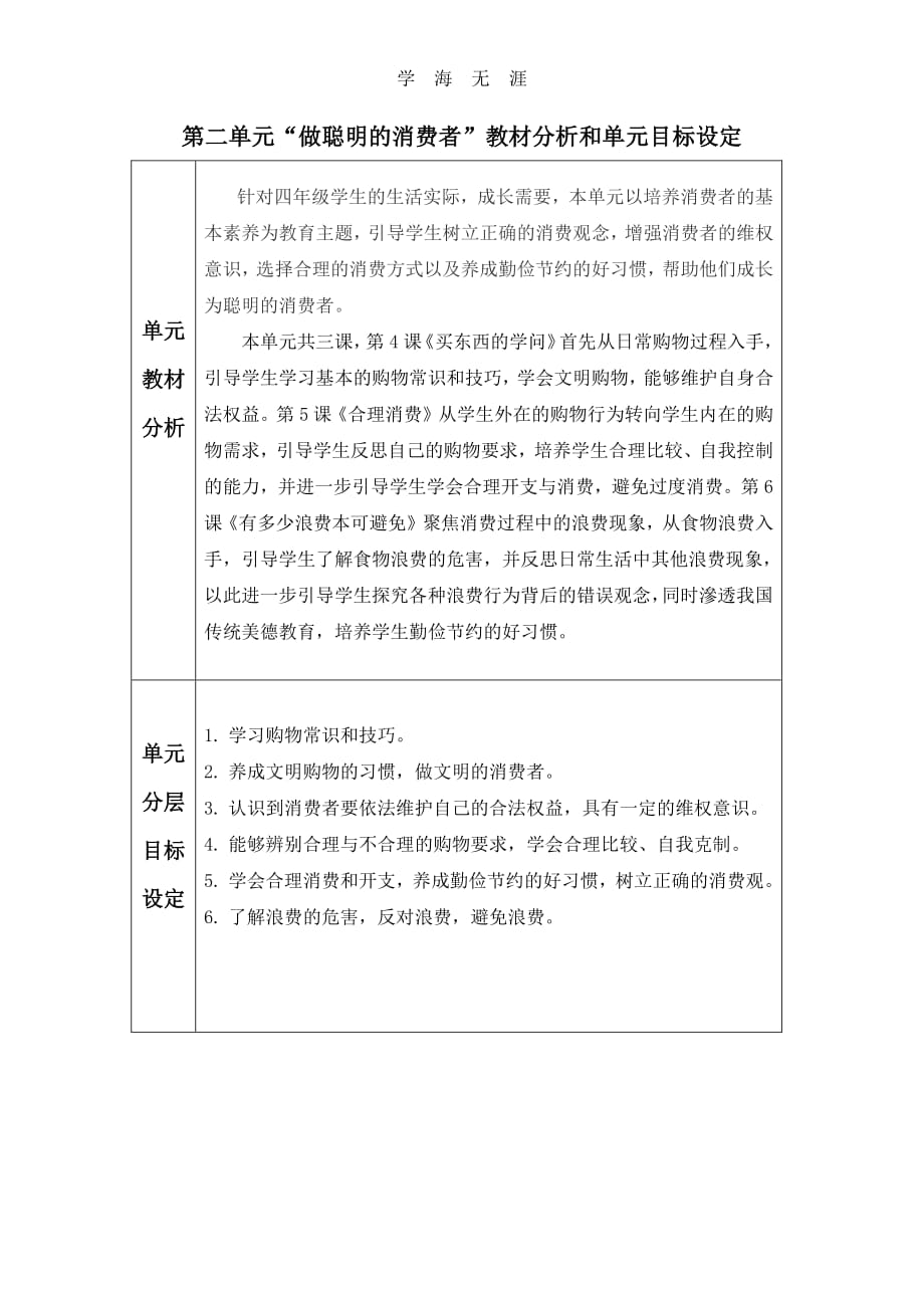 部编版四年级下册道德与法治第二单元“做聪明的消费者”教材分析和单元目标设定.pdf_第1页