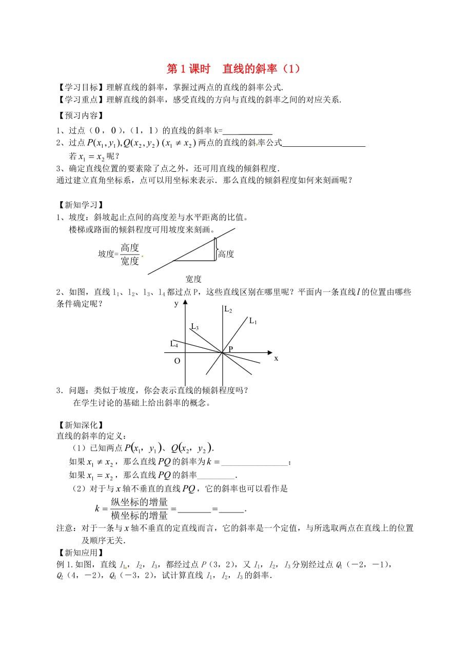 江苏省高邮市送桥中学高中数学 2.1直线的斜率（1）导学案（无答案）苏教版必修2（通用）_第1页