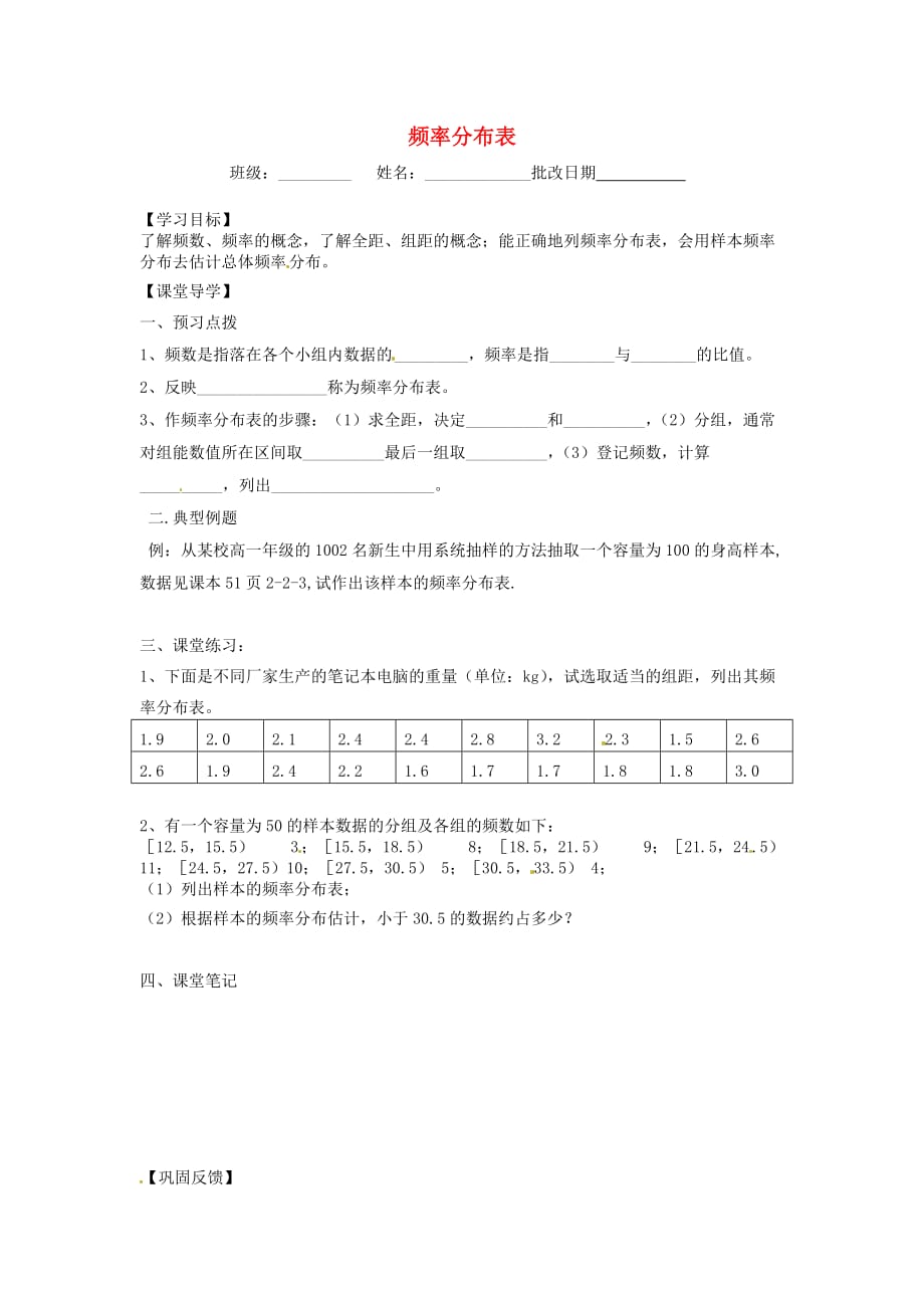 江苏省涟水县第一中学高中数学 频率分布表导学案（无答案）苏教版必修3（通用）_第1页