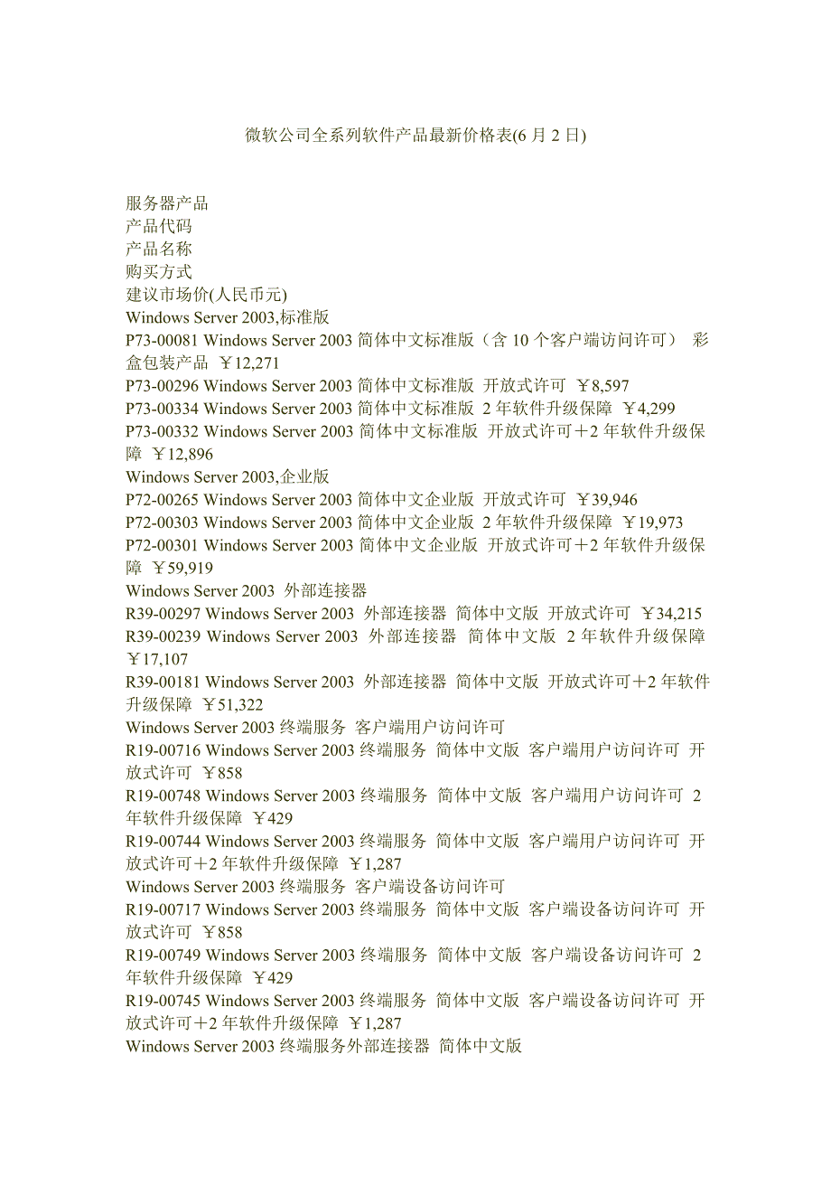 《精编》微软公司全系列软件产品最新价格表_第1页