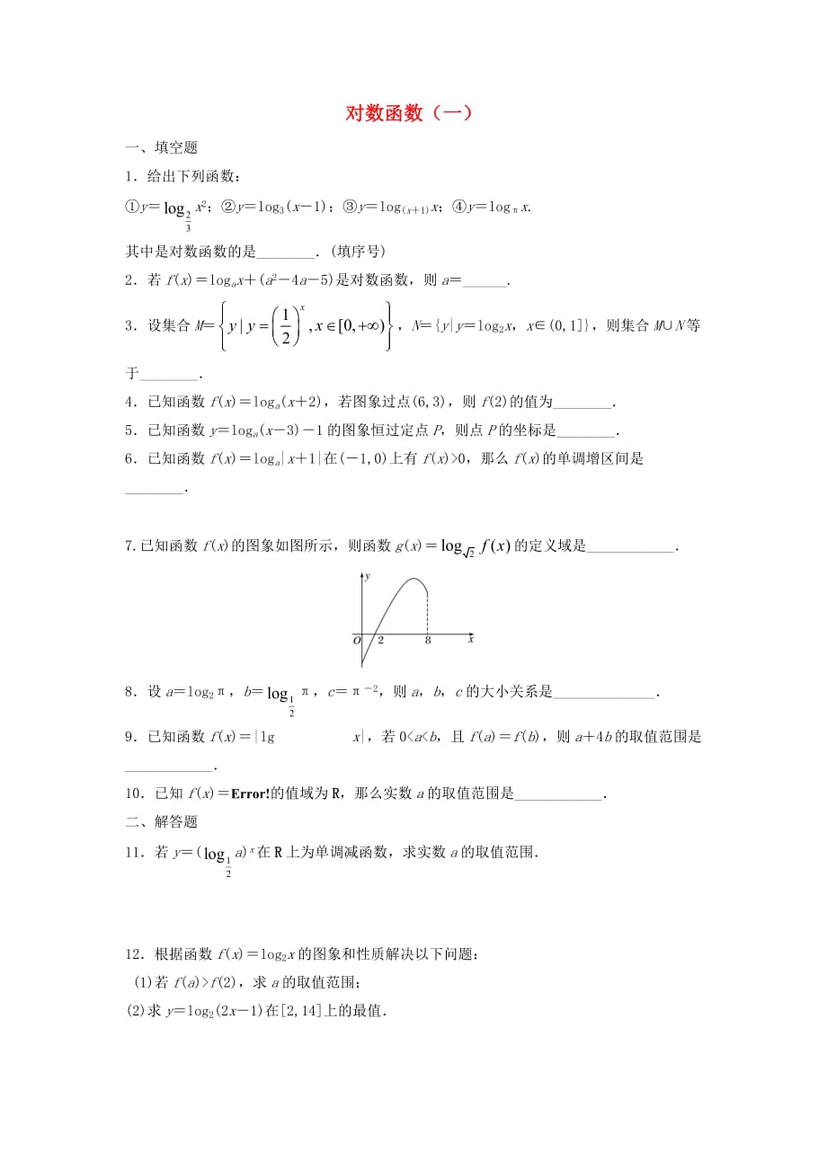 江苏省泰州市高中数学 第3章 指数函数、对数函数和幂函数 3.2 对数函数（一）同步训练（无答案）苏教版必修1（通用）_第1页