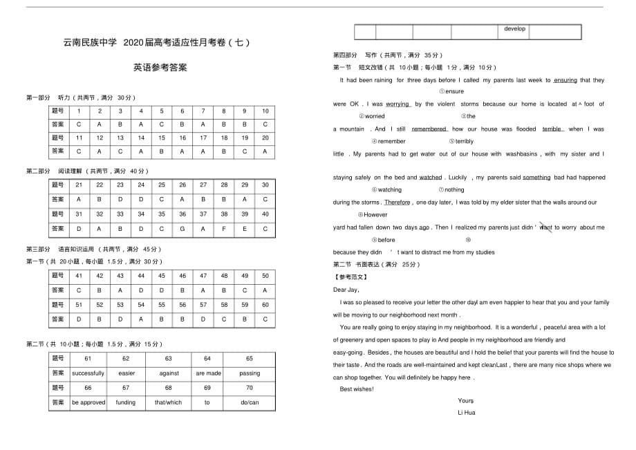 2020年云南民族中学高三高考适应性月考卷(七)英语试题(版)听力（含答案）_第5页
