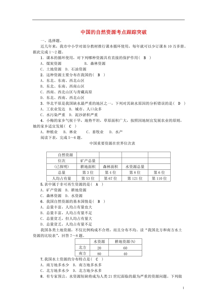 中考地理第十二章中国的自然资源考点跟踪突破新人教版_第1页