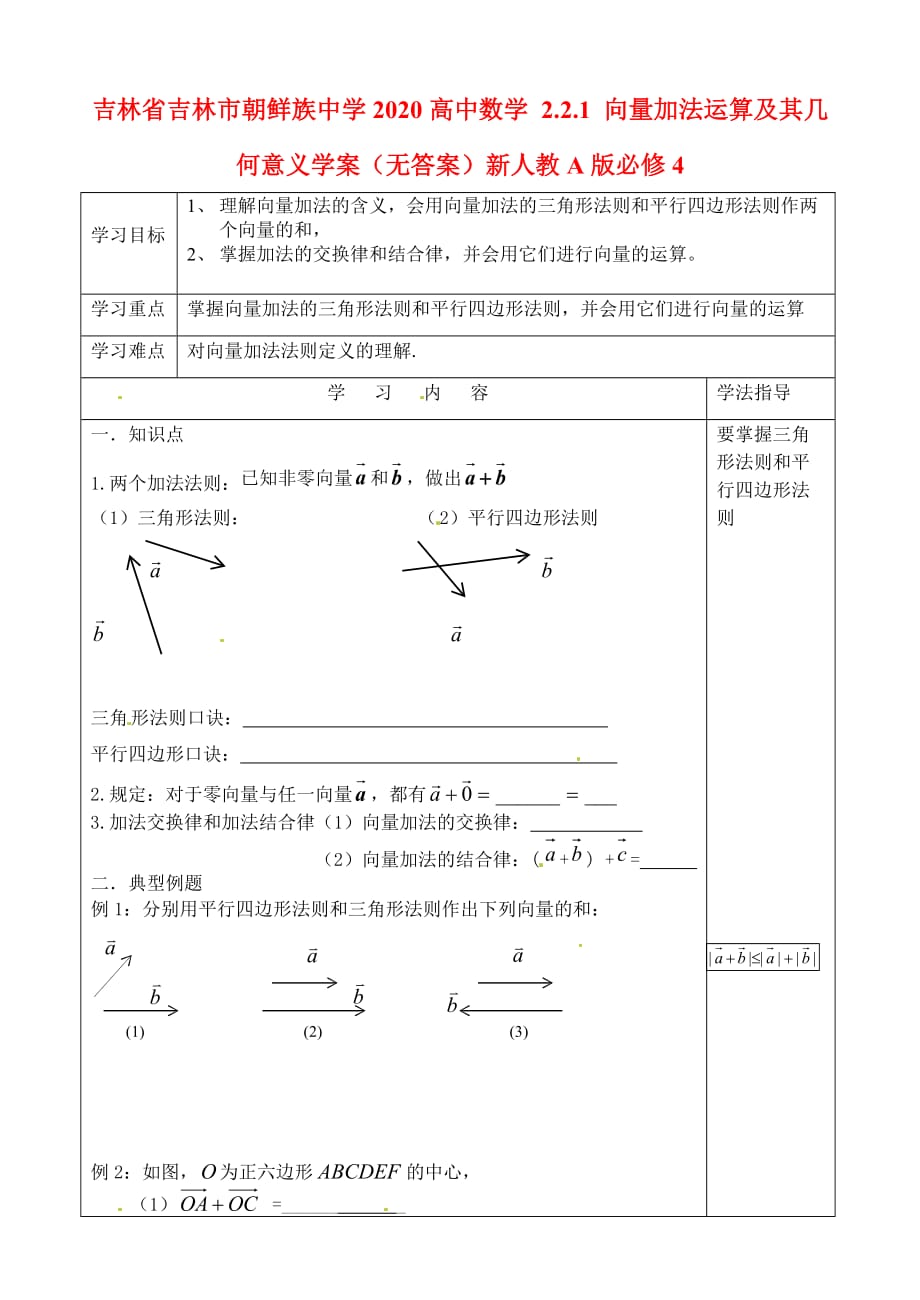 吉林省吉林市朝鲜族中学2020高中数学 2.2.1 向量加法运算及其几何意义学案（无答案）新人教A版必修4（通用）_第1页