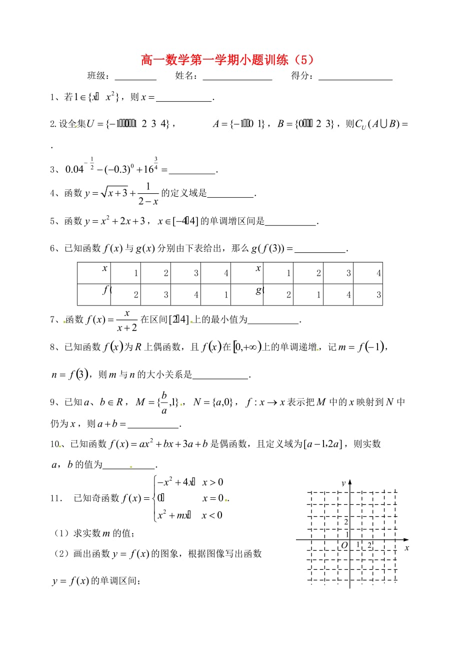 江苏省高一数学 小题训练（5）（无答案）（通用）_第1页